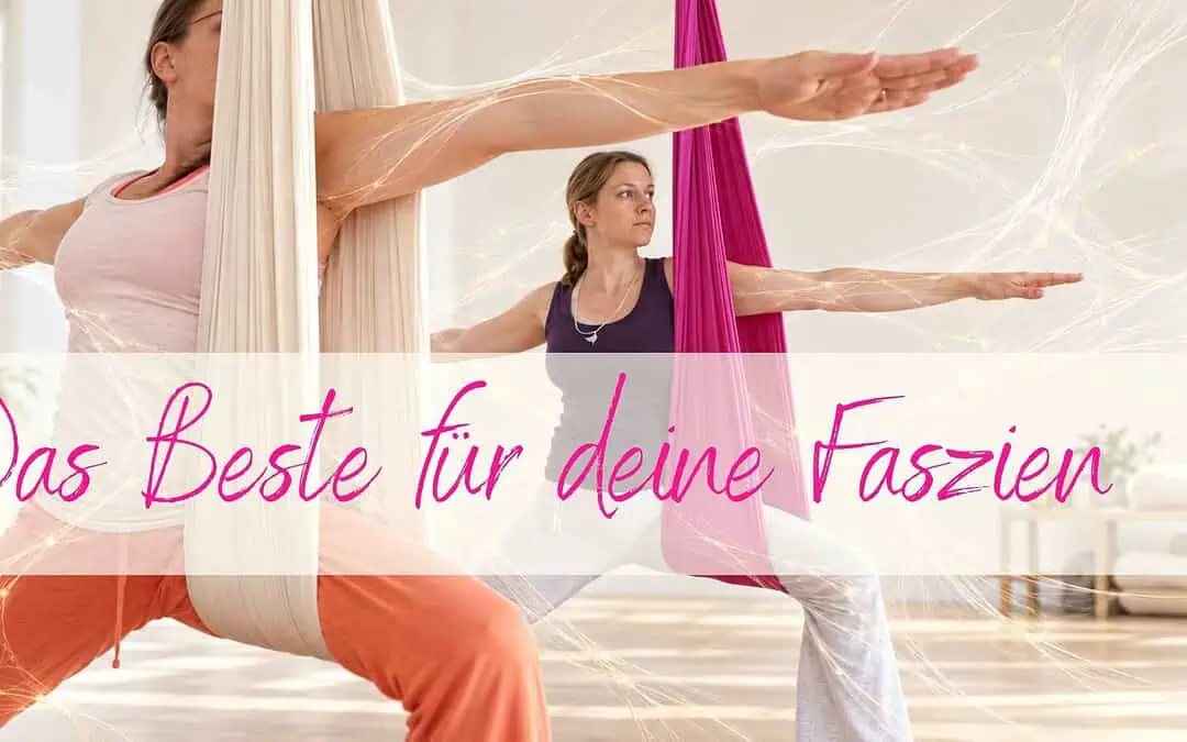 Zwei Frauen beim Aerial Yoga im Tuch mit visualisiertem Zwei Frauen beim Aerial Yoga im Tuch mit visualisierten Netz